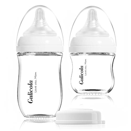 Gulicola Natural Glass Baby Bottle Newborn Set, 3 oz and 5 oz with Extra Slow Flow & Slow Flow Nipple, Anti Colic, 0-3 Months, 2 Pack - White - Image 1