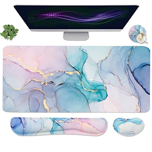 Ergonomic Large Mouse Pad and Keyboard Wrist Rest, Desk Pad for Keyboard and Mouse, 4-in-1 Large Gaming Mouse Pad with Wrist Support - Blue Marble - Image 1