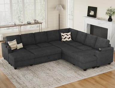 Belffin Oversized Sleeper Sofa U Shaped Modular Sectional Couch with Double Storage Chaise Convertible Sofa Bed. Dark Grey Couch - Image 1