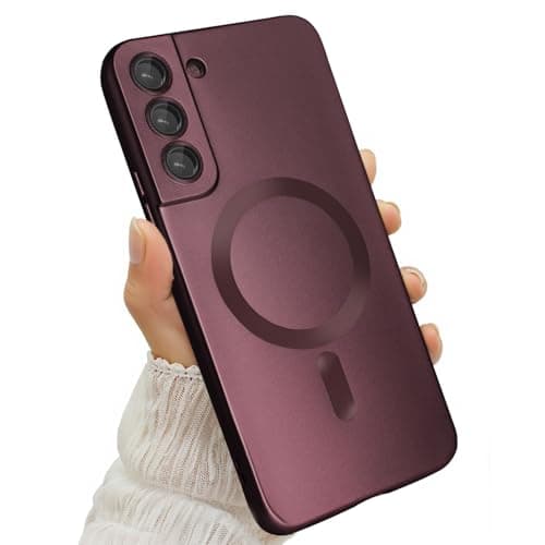 Amzfield Magnetic for Samsung Galaxy S22 Case for Women Men Girls [Compatible with MagSafe] [Camera Lens Protector] Matte Cute Slim Soft Silicone Bumper Shockproof Metallic Phone Case, Burgundy - Image 1