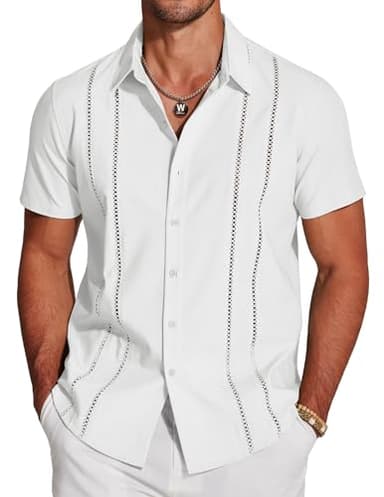 COOFANDY Men's Cuban Guayabera Shirt Short Sleeve Button Down Shirts Casual Summer Beach Linen Shirts A-White - Image 1