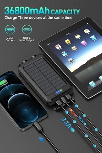 Mregb Power Bank,Solar Charger,36800mAh 5V3.1A QC 3.0 Dual 2 USB Port Built-in Powerful Flashlight IPX7(Black) - Image 2