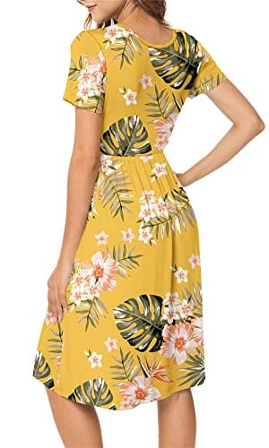 DB MOON Women 2025 Summer Casual Short Sleeve Dresses Empire Waist Dress with Pockets (Yellow Floral, S) - Image 2