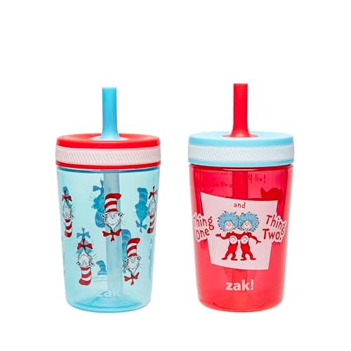 Zak Designs Dr. Seuss Kelso Toddler Cups For Travel or At Home, 15oz 2-Pack Durable Plastic Sippy Cups With Leak-Proof Design is Perfect for Kids (The Cat in the Hat) - Image 1