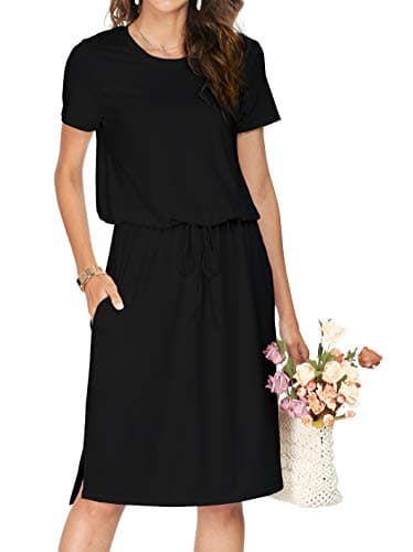 Women Summer Short Sleeve Modest Funeral Work Casual Midi Knee Dress Black XL - Image 1