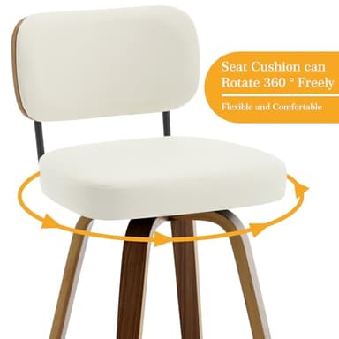 Bekrvio Swivel Counter Height Bar Stools Set of 4, 26" Upholstered Faux Leather Barstools with Back and Bent Wood Legs, Mid Century Modern Bar Chair Island Stool for Kitchen Counter, Cream White - Image 4