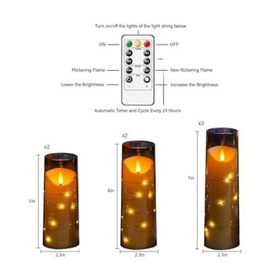 Eebuss Flameless Candles with Embedded Star String, Battery Operated LED Pillar Candles with Timer and Remote Control,Home Decorating for Ambiance， Set of 9(Grey) - Image 2