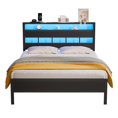 Furnulem Full Size Bed Frame with LED Light and Charging Station, Wood Storage Headboard with 2-Tier Shelves, Metal Platform Bed with Heavy Duty Slats Support, No Box Spring Needed, Black Oak - Image 9