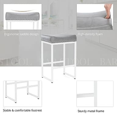 LUE BONA Counter Height Bar Stools, 24" Square Saddle BarStools Set of 4, Modern Backless Faux Leather Counter Stool with White Metal Legs for Kitchen Island Counter,Home Bar,Bistro,Grey - Image 7