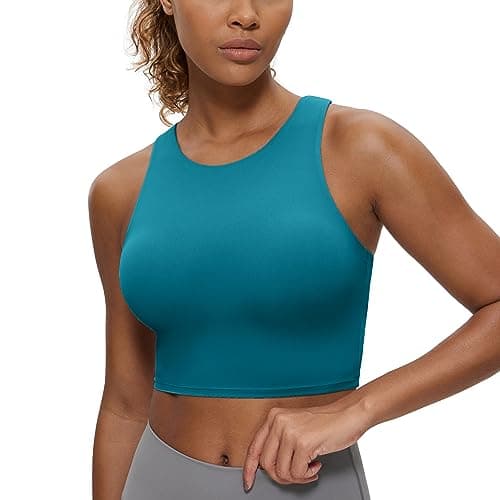 CRZ YOGA Butterluxe Racerback Longline Sports Bras for Women - High Neck Padded Crop Workout Tank Top with Built in Pads Borealis Green X-Small - Image 1