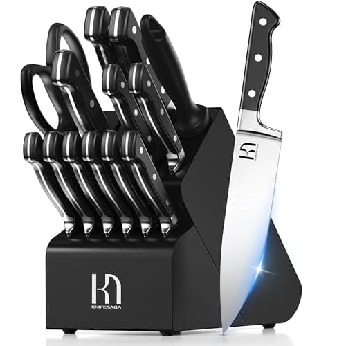 KnifeSaga Knife Set, 15 Pcs Kitchen Knife Block Set, Enduring Razor-Sharp Japanese High Carbon Stainless Steel Chef Knife Set with Block and Sharpener, Premium Black Knives Set for Kitchen - Image 1