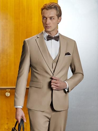 WULFUL Men’s Slim Fit Suit One Button 3-Piece Blazer Dress Business Wedding Party Jacket Vest & Pant Light Brown - Image 8