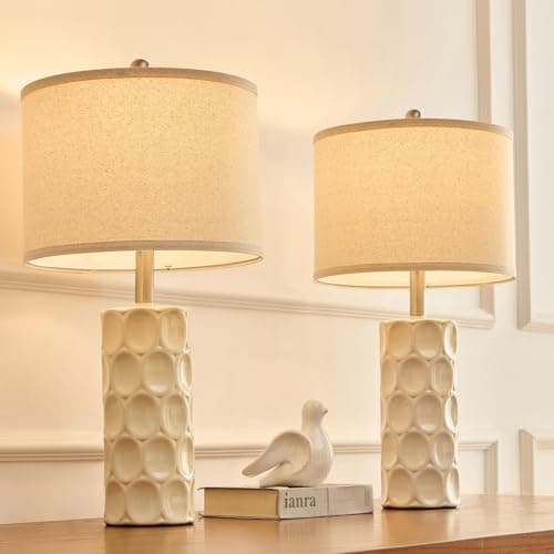 SAIWEYA 24" Modern Ceramic Table Lamp Set of 2 Bedroom Lamps, 3 Color Dimmable Bedside Lamps for Living Room Farmhouse Nightstand Lamp(Rotary-Cream White) - Image 1