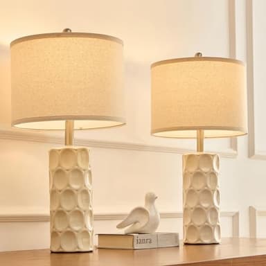 SAIWEYA 24" Modern Ceramic Table Lamp Set of 2 Bedroom Lamps, 3 Color Dimmable Bedside Lamps for Living Room Farmhouse Nightstand Lamp(Rotary-Cream White) - Image 1