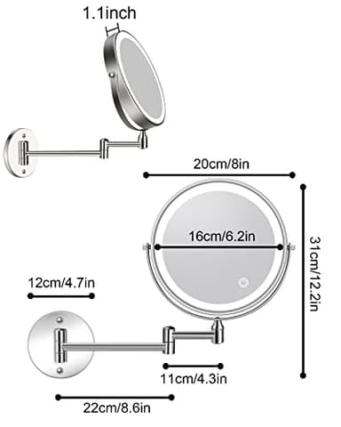 Rechargeable Lighted Wall Mounted Makeup Mirror, 8" Double-Sided 1X/10X Magnifying Bathroom Mirror with 3 Color Lighting, Touch Screen Dimmable 360°Swivel 13 Inch Extendable Chrome Vanity Mirror - Image 8