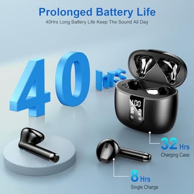 Wireless Earbuds, Bluetooth Headphones V5.4 Stereo Bass Ear buds with ENC Noise Cancelling Mics, 40H Bluetooth Earbuds with LED Display Charging Case, IP7 Waterproof Earphones for Android iOS, Black - Image 2