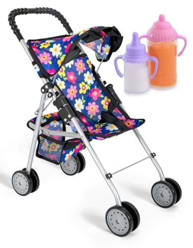 fash n kolor® - Doll Stroller My First Baby Doll Strollers Toy - Flower Design with Basket in The Bottom- Doll Accessories 2 Free Magic Bottles Included (Flower Design) - Image 1