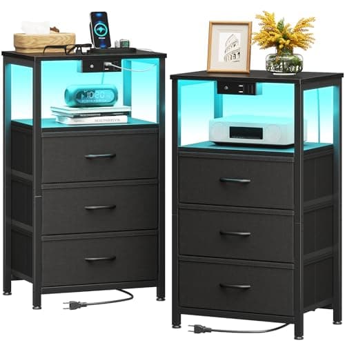 Casaottima Night Stand Set 2, Bedside Tables with Charging Station, LED Nightstand with Fabric Drawers, End Table with Open Shelf, Nightstand for Bedroom, Black - Image 1