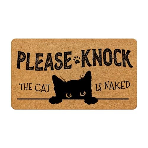 Likjad Funny Black Cat Door Mat - Please Knock The Cat is Naked Front Door Mat Outdoor Entrance, Cat Welcome Mats Outdoor, Black Cat Decor Indoor Door Mats for Entryway, Cat Room Decor, 17x30 Inches - Image 1