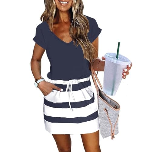 Womens Summer Dress Lantern Sleeve Square Neck Tie Front A-Line Double Layer Hem Mini Dresses Bluewhite - Image 1