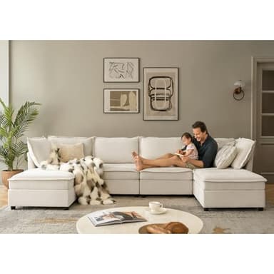 HULALA HOME 127'' Modular Sectional Sofa, Oversized U Shaped Couch with Storage Ottoman, Comfy Chenille Sofa with Deep Seat, 6 Seat Convertible Couches for Living Room, Beige - Image 9