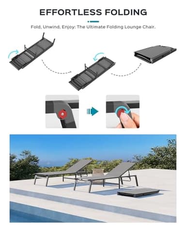 Aluminum Chaise Lounge Ourdoor - Foldable & Assemble Free Outdoor Lounge Chair with 5 Adjustable Backrest, Patio Lounge Chair for Outside Poolside Beach Pool, Grey - Image 3