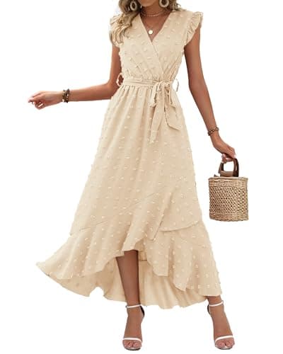 BTFBM Women V Neck Summer Dress 2025 Cap Sleeve Swiss Dot Boho Flowy Ruffle Slit Beach Party Long Maxi Cocktail Dresses(Beige, Small) - Image 1