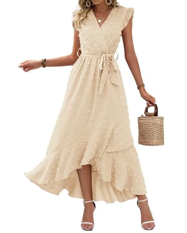 BTFBM Women V Neck Summer Dress 2025 Cap Sleeve Swiss Dot Boho Flowy Ruffle Slit Beach Party Long Maxi Cocktail Dresses(Beige, Small) - Image 1