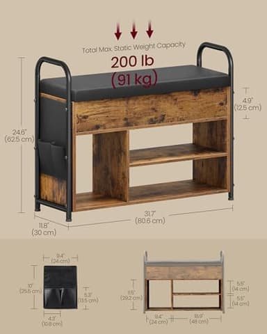 VASAGLE Shoe Bench, Shoe Rack, Entryway Furniture, Inner Storage Under The Lid, PU Pockets, Convenient Handles, for Entryway, Living Room, Bedroom, Rustic Brown and Ink Black ULSB052K01 - Image 3
