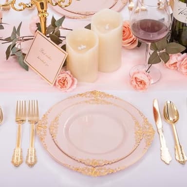 Joyido 125PCS Pink and Gold Plastic Plates - Pink Disposable Plates - Vintage Plate with Gold Plastic Silverware Set for 25 Guests for Weddings Parties - Image 2