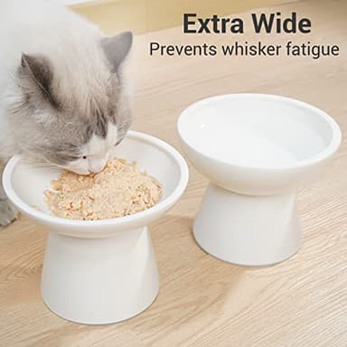 CEEFU 2 Elevated Ceramic Cat Bowls Extra Wide for Food & Water – Whisker Fatigue Shallow Food Dish, Lead & Cadmium-Free, Raised Height for Cats and Dogs, Two Different Depth Bowls, White - Image 2