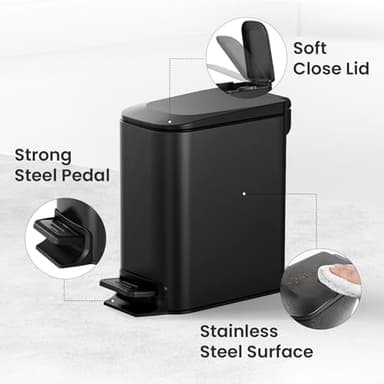 Cesun Small Bathroom Trash Can with Lid Soft Close, Step Pedal, 6 Liter / 1.6 Gallon Stainless Steel Garbage Can with Removable Inner Bucket, Anti-Fingerprint Finish (Matt Black) - Image 5