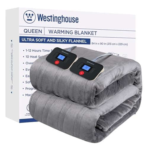 Westinghouse Electric Blanket Queen Size, Super Cozy Soft Flannel 84"" x 90"" Heated Blanket with 10 Fast Heating Levels & 1-12 Auto-Off, Machine Washable, ETL&FCC Certification, Light Grey - Image 1