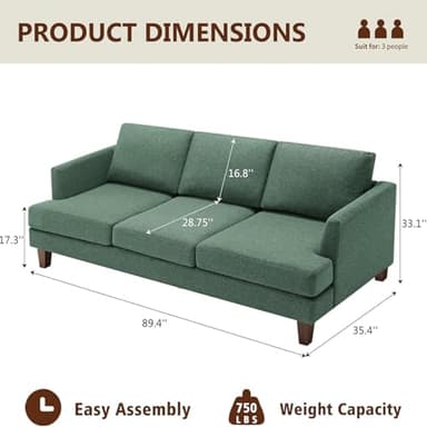 Busaurus 3 Seater Sofa Couch with Deep Seats, 89" Mid Century Modern Upholstered Sofa with Armrests, Comfy Couches for Living Room, Bedroom, Apartment and Office (Green) - Image 2
