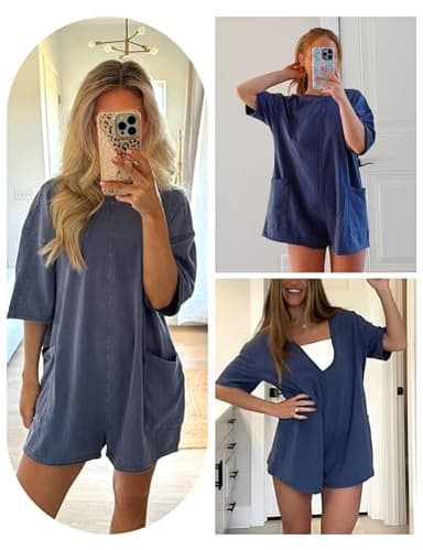 Yeokou Rompers for Women Casual Short Sleeve Oversized Athletic Workout Reversible Hot Shot Tee Romper Deep Pockets(BlueGrey-M) - Image 4