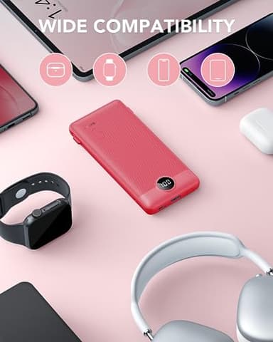 Portable Charger Built-in Cables and AC Wall Plug, VRURC USB C Power Bank 10000mAh, Travel Battery Portable Phone Charger Compact Lightweight External Battery Pack for SmartPhones,Tablets-Viva Magenta - Image 7