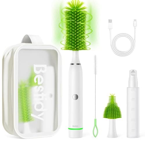 Bestidy Electric Baby Bottle Cleaner Kit for Travel- Rechargeable 360° Rotation Electric Baby Bottle Brush with Replaceable Nipple/Straw Brush, 2-Speed Modes, 50ml Lotion Bottle & Storage Bag, Green - Image 1