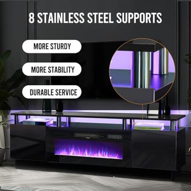 oneinmil 2 Tier TV Console Stand with 36" Electric Fireplace, LED Light Entertainment Center for TVs Up to 80" for The Living Room, 70", Black - Image 7