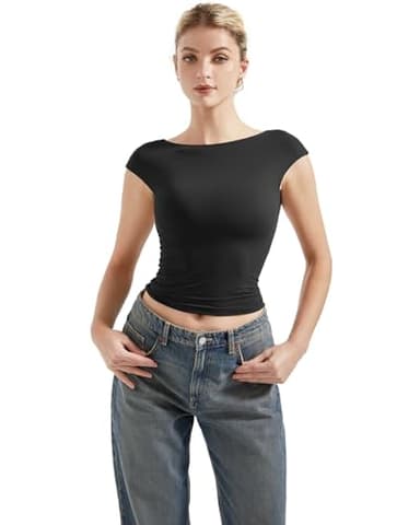 SUUKSESS Women Backless Sexy Going Out Crop Tops Double Lined Open Back Y2k Basic Tee Shirts (Jet Black, S) - Image 3