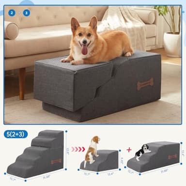 5-Step Spliceable Pet Stairs: Indoor& Outdoor Multi-Use with a Removable Cover and a Pocket, Best for Small Pets and Older Dogs Who Has Spine and Arthritis Issues to Get on High Beds, Grey（22.8" H - Image 2
