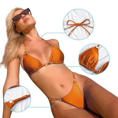MIKETAI Sexy Bikinis for Women 2 Piece Bikini Spaghetti Strap Swimsuits Solid Color Bathing Swimwear Triangle Bathing Suit (US, Alpha, Small, Regular, Regular, Apricot Yellow) - Image 5
