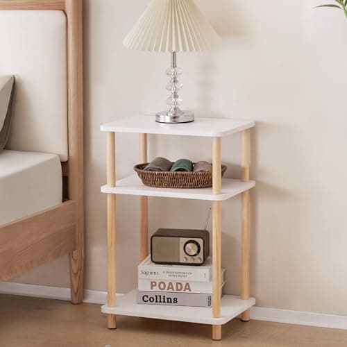 Apicizon 3 Tier Nightstand, End Table with Storage Shelf, Wooden Vinyl Record, Farmhouse Bedside Table for Small Spaces, Bedroom, Living Room, Easy Assembly, White+Natural - Image 1