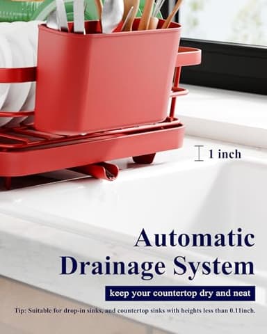 Kitsure Dish Drying Rack for Kitchen Counter, Stainless Steel Sink Organization and Storage Essentials with Cutlery Holder, Home and Appartment Decor, 12''W x 15.5''L, Red - Image 6