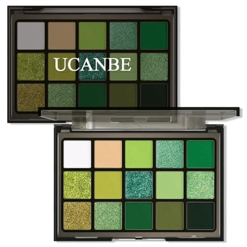 UCANBE Green Eyeshadow Makeup Palette, 15 Colors Bright Dark Green Shimmer Matte Metallic Glitter Eye Shadow, Forest Emerald Lime Pallet Kit for Cosplay Parties Christmas Halloween SFX - Image 1