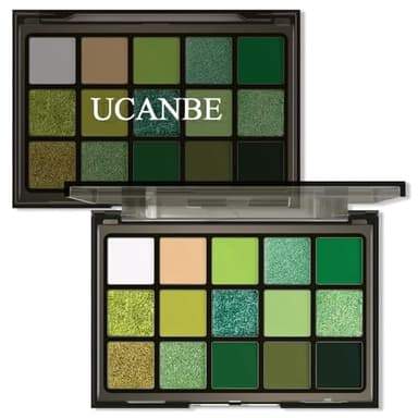 UCANBE Green Eyeshadow Makeup Palette, 15 Colors Bright Dark Green Shimmer Matte Metallic Glitter Eye Shadow, Forest Emerald Lime Pallet Kit for Cosplay Parties Christmas Halloween SFX - Image 1