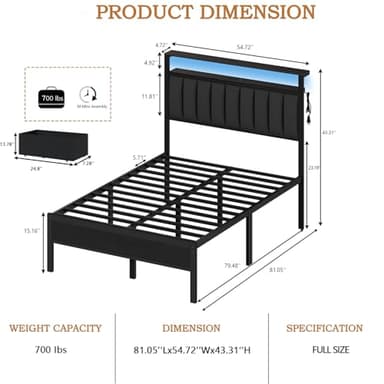 Furnulem Full Size Bed Frame with Charging Station and LED Lights, Grey Upholstered Headboard with Shelves, Metal Platform Bed with 2 Under-Bed Storage (Fabric Drawer on Wheels), No Box Spring Needed - Image 2