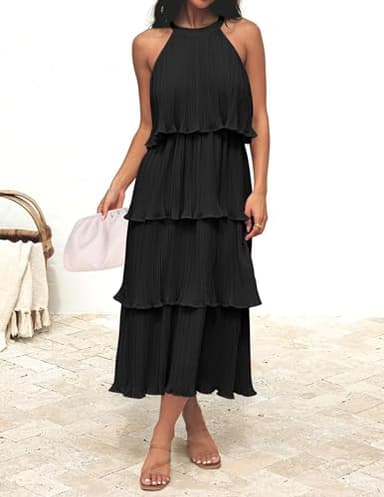 ZESICA Women's 2025 Summer Sleeveless Halter Neck Ruffle Tiered Layed Chiffon Flowy Swing Long Midi Dress,DarkBlack,X-Large - Image 2