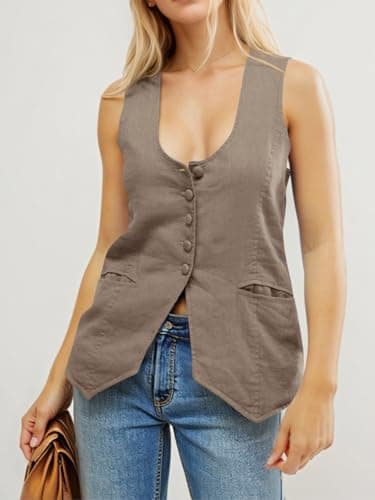 Tankaneo Womens Scoop Neck Blazer Vest Summer Linen Sleeveless Fitted Waistcoat Work Casual Cotton Suit Tops - Image 3