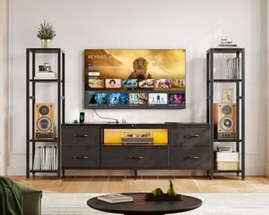 Casaottima 71" TV Stands for 43, 50, 55 Inch TV Entertainment Center with LED Lights and Power Outlets, TV Stand for Living Room with 5 Fabric Drawers & Shelf, TV Console Cabinet for Bedroom, Black - Image 2