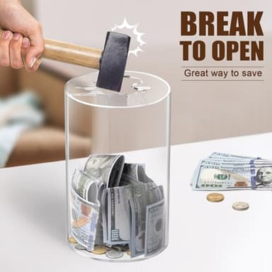 Hicocool Clear Piggy Bank, Acrylic Piggy Bank for Adults Must Break to Open, Unopenable Money Saving Box for Boys Girls Birthday Gift (10" H x 6" D) - Image 3